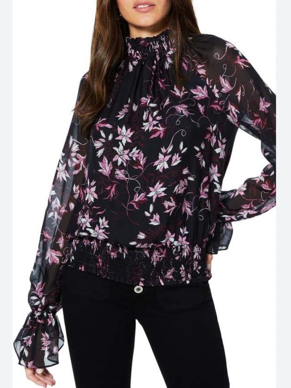 Ramy Brook Black Silk Blouse with Pink Floral Print